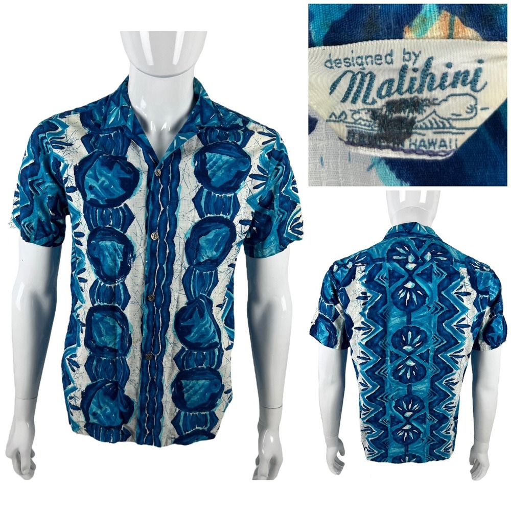 Malihini Mens Small Hawaiian Shirt Button Front Blue Fish Tropical Vintage